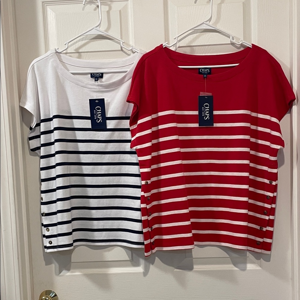 Chaps Red and White, Navy and White Striped Tops Button accents New with Tags